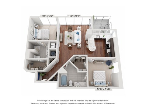 Floor plan for 2 beds, 2 baths, 1128 sqft